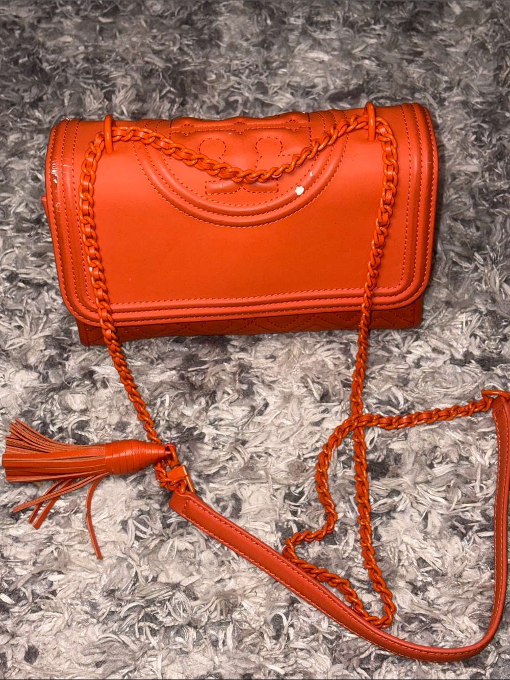 Tory Burch Quilted Orange Crossbody Bag with Tassel Chain Strap
